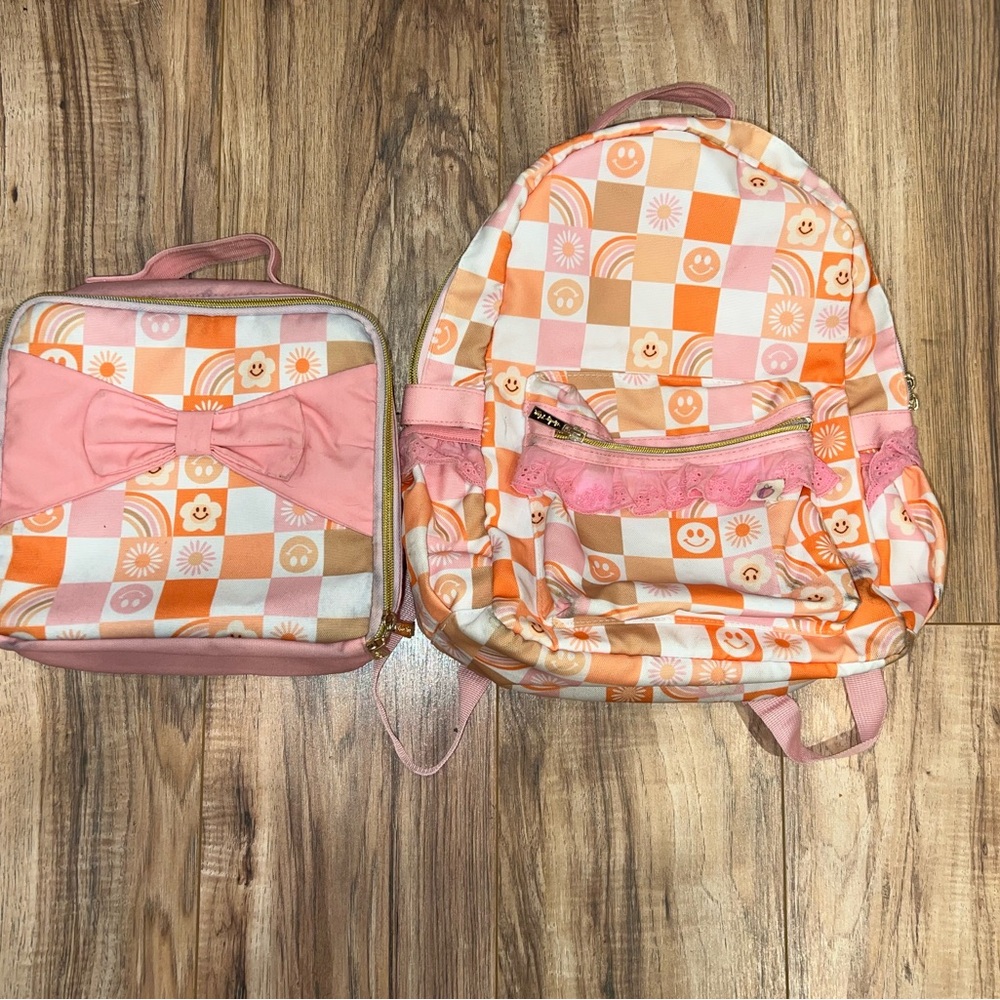 Cheeky Plum Smiley Face Backpack and Lunchbox - Pink and Orange